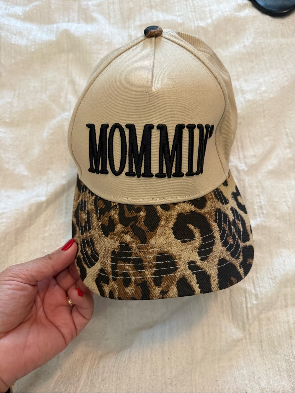 Mommy Embroidered Beige Cap with Leopard Brim
